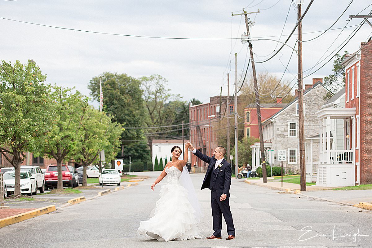 bride and groom dancing in street | John Wright Restaurant Wedding in Wrightsville PA by Harrisburg Photographer Photography by Erin Leigh
