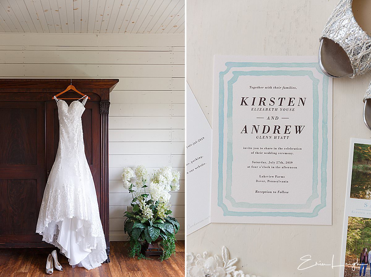 wedding dress, wedding invitation, wedding details, bridal suite | Lakeview Farms Wedding in Dover PA by Harrisburg Photographer Photography by Erin Leigh