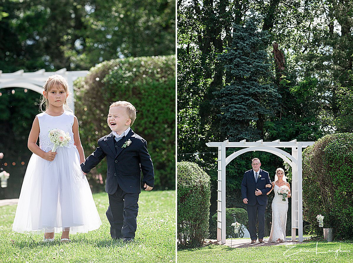 ringbearer, flowergirl, bride and dad entrance | Lauxmont Farms Wedding in Wrightsville PA by Harrisburg Photographer Photography by Erin Leigh