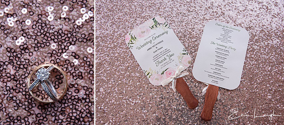 sequin wedding decor, wedding rings, paddle fan programs | Lauxmont Farms Wedding in Wrightsville PA by Harrisburg Photographer Photography by Erin Leigh