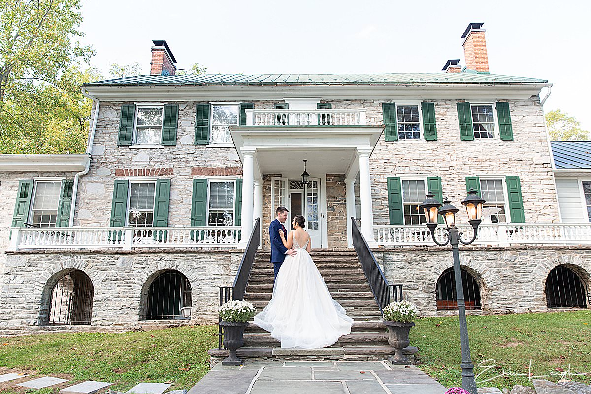 scenic bride and groom photo on stairs | Stocks Manor Wedding in Mechanicsburg PA by Harrisburg Photographer Photography by Erin Leigh