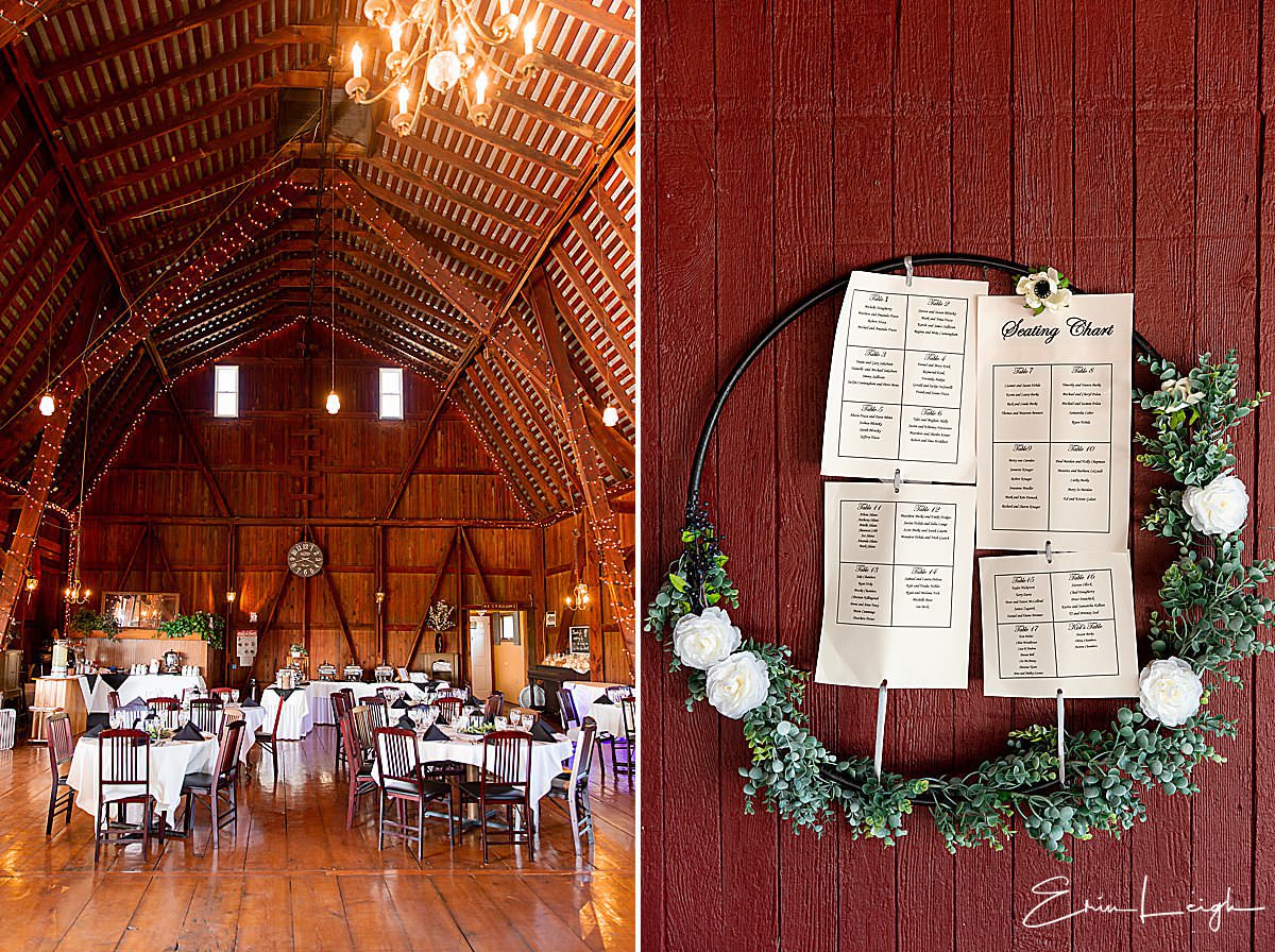 elegant barn reception venue, organic floral seating chart | The Barn at Hillsprings Farm Wedding in Addison NY by Harrisburg Photographer Photography by Erin Leigh