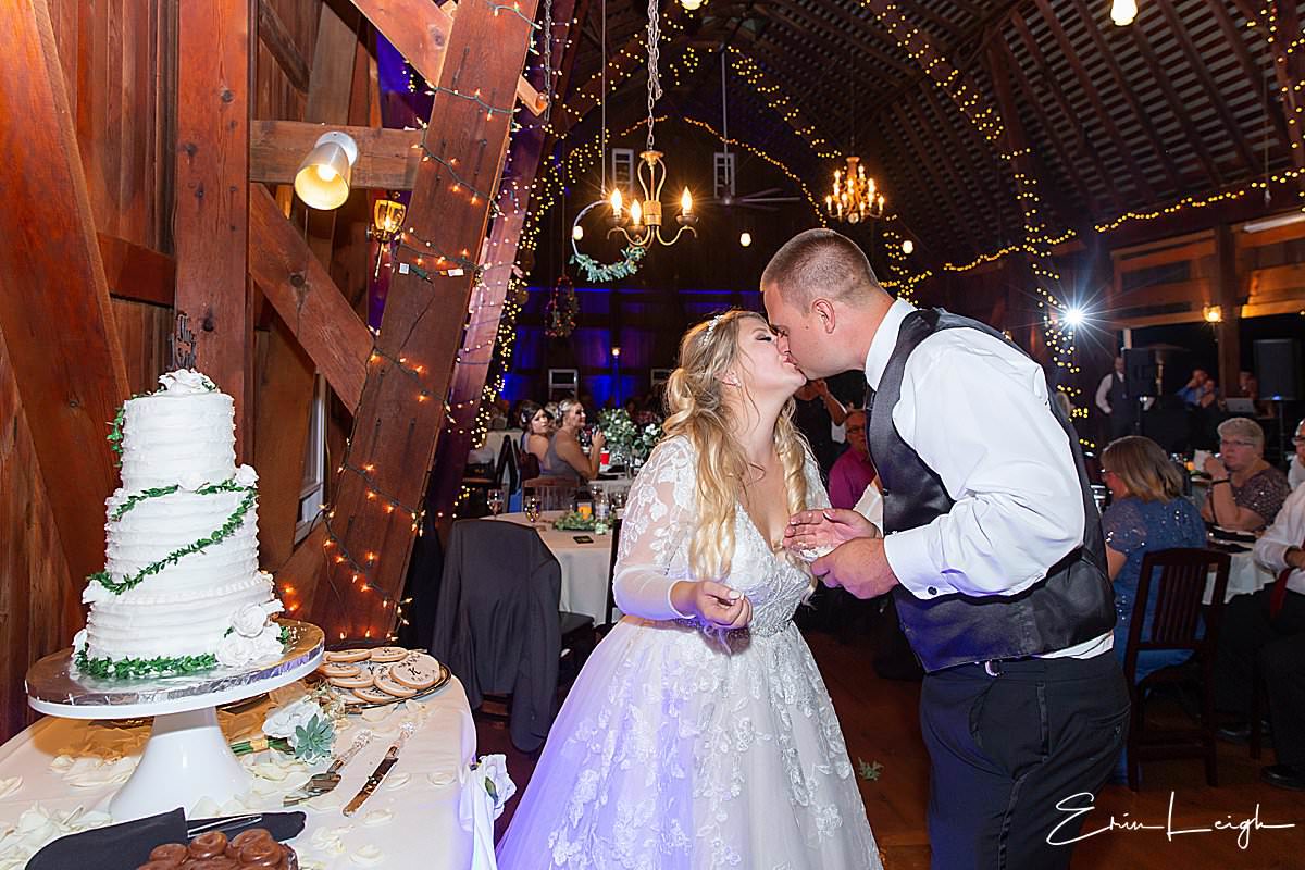 cake cutting in elegant barn reception venue | The Barn at Hillsprings Farm Wedding in Addison NY by Harrisburg Photographer Photography by Erin Leigh